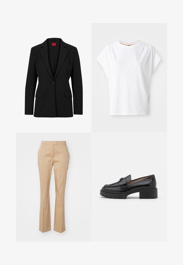 Blazer negro con solapa muesca y cierre de un solo botón. Presenta dos bolsillos frontales y un forro suave con un patrón sutil.; Camiseta blanca de manga corta con un corte holgado. Presenta un cuello redondo y un sutil detalle de logo en el frente. Fabricada en tejido de algodón.; Pantalones beige ajustados con un diseño de pierna recta, hechos de una tela lisa, con una parte delantera plana y sin bolsillos visibles.; Mocasín de cuero negro con tacón bajo, punta redondeada, correa decorativa y detalle de costura texturizada en la parte superior. Acabado suave.