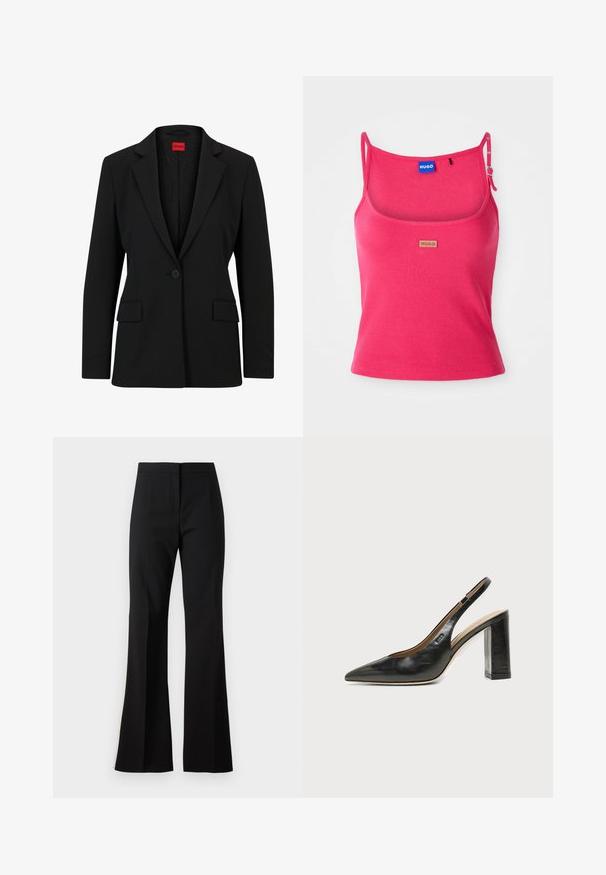 Blazer negro con solapa muesca y cierre de un solo botón. Presenta dos bolsillos frontales y un forro suave con un patrón sutil.; Top de tirantes rosa ajustado fabricado en tejido acanalado. Presenta tirantes ajustables y una pequeña etiqueta de logo marrón en la parte delantera. Textura suave.; Pantalones de campana negros hechos de una tela suave, con cintura alta, pliegues delanteros y un acabado limpio en los bajos.; Zapato slingback de piel negra con puntera puntiaguda, tacón alto y ancho, y forro interior beige sobre un fondo claro y liso.