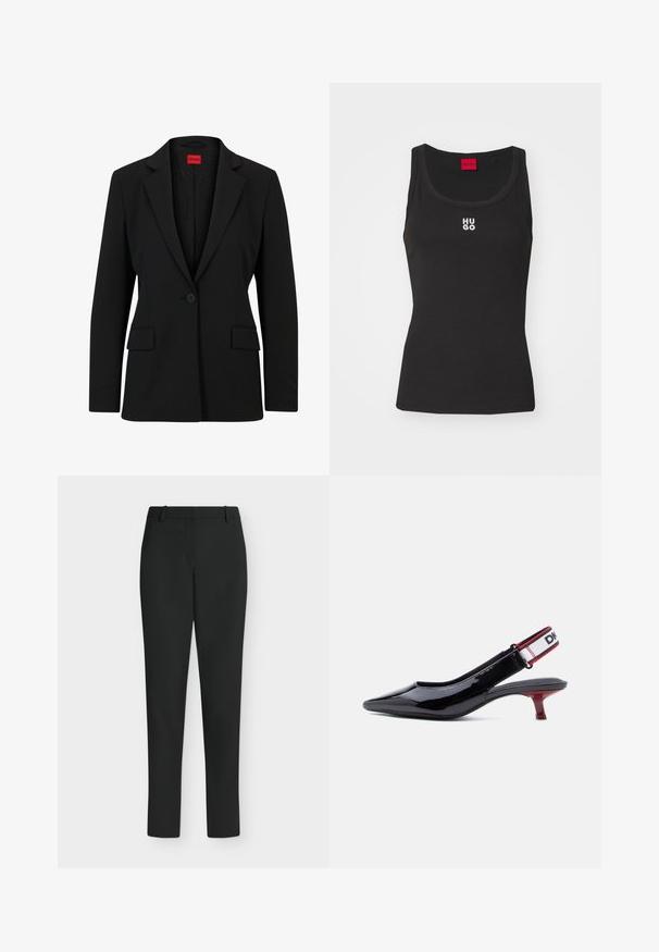 Sort blazer med slag og enkelt knaplukning. Har to forlommer og en glat foring med et subtilt mønster.; Sort tanktop lavet af bomuld med rund halsudskæring og uden ærmer. Har hvid "HUGO" logo i midten. Enkel og tætsiddende design.; Sorte, tætsiddende bukser med bæltestropper, forlynlås og lige ben, vist mod en hvid baggrund.; Sort patentlær slingback-sko med spids tå, rød lille hæl og elastisk hvid strop med sort og rød kant.