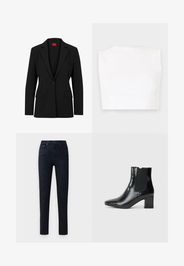 Blazer noir avec un col cranté et une fermeture à un bouton. Dispose de deux poches avant et d'une doublure lisse avec un motif subtile.; Haut court blanc sans manches avec un col montant, en tissu lisse, présentant une coupe ajustée et des bords nets.; Jean en denim bleu foncé avec une coupe droite, dotés d'une fermeture à bouton, de cinq poches et de détails de couture subtils.; Botte cheville en cuir noir avec un bout pointu, des panneaux latéraux élastiques et un talon bloc. Texture lisse avec une finition brillante.