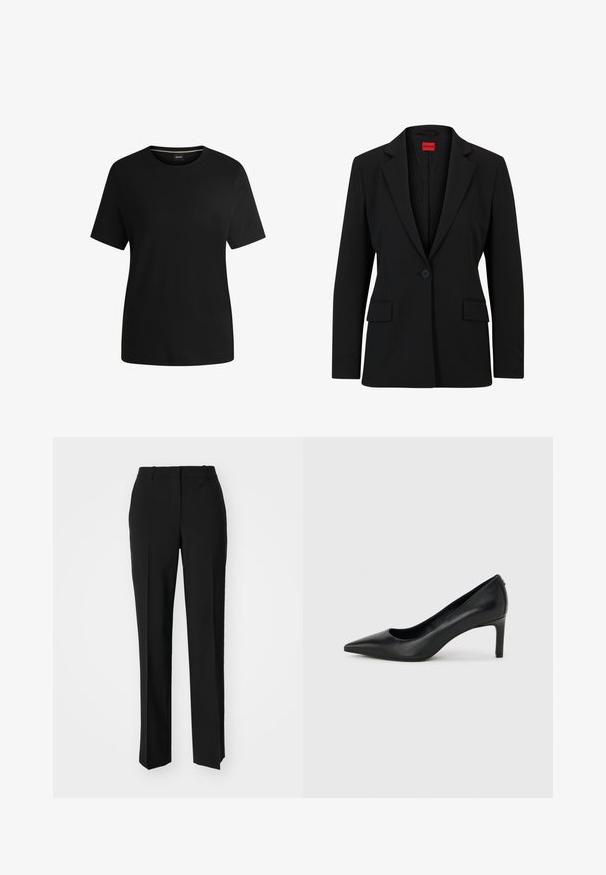 Zwarte blazer met een gesneden revers en een enkele knoopsluiting. Beschikt over twee voorkruiszakken en een gladde voering met een subtiel patroon.; Zwart t-shirt met korte mouwen, gemaakt van zachte katoen, met een ronde hals en een gladde textuur. Eenvoudig ontwerp zonder patronen of accenten.; Zwarte op maat gemaakte broek met een recht model, voorzien van een soepele textuur en scherpe plooien aan de voorkant. Geen zichtbare hardware.; Zwarte leren pumps met een spits toelopende neus en een slanke, middelhoog hak, afgebeeld tegen een effen lichtgrijze achtergrond.