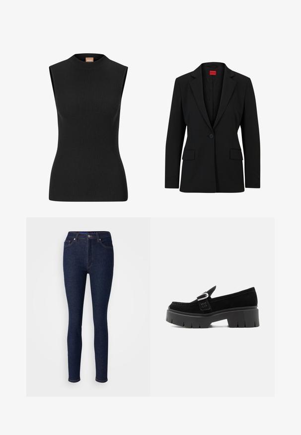 Sort blazer med slag og enkelt knaplukning. Har to forlommer og en glat foring med et subtilt mønster.; Ermeløs sort ribbet top med høj hals og figursyet pasform, lavet af strækbart materiale. Har minimal branding på nakken.; Mørkeblå denim jeans med slim fit, der har en klassisk talje, fem-lomme design og subtile stikninger.; Sort ruskindslipper med kraftig sål, sølvspænde og præget "HUGO" på sidesnoren, vist fra ydersiden.