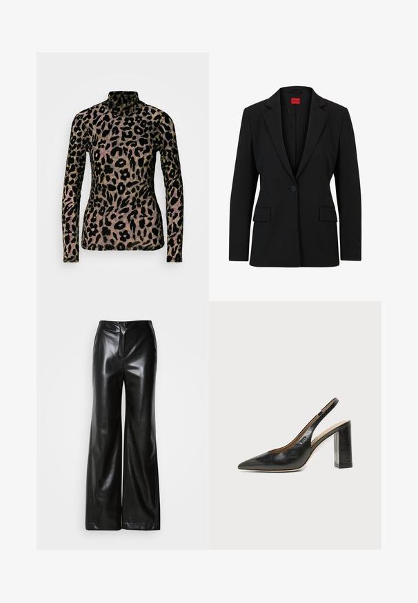 Blazer noir avec un col cranté et une fermeture à un bouton. Dispose de deux poches avant et d'une doublure lisse avec un motif subtile.; Haut à manches longues en imprimé léopard noir et beige, fabriqué à partir d'un tissu doux et texturé. Présente un col montant et une silhouette ajustée.; Pantalons larges en cuir noir avec une texture lisse, taille haute et fermeture éclair frontale dissimulée. Coupe ajustée avec une finition soignée.; Chaussure slingback en cuir noir à bout pointu avec un talon bloc haut et une doublure intérieure beige sur un fond clair uni.
