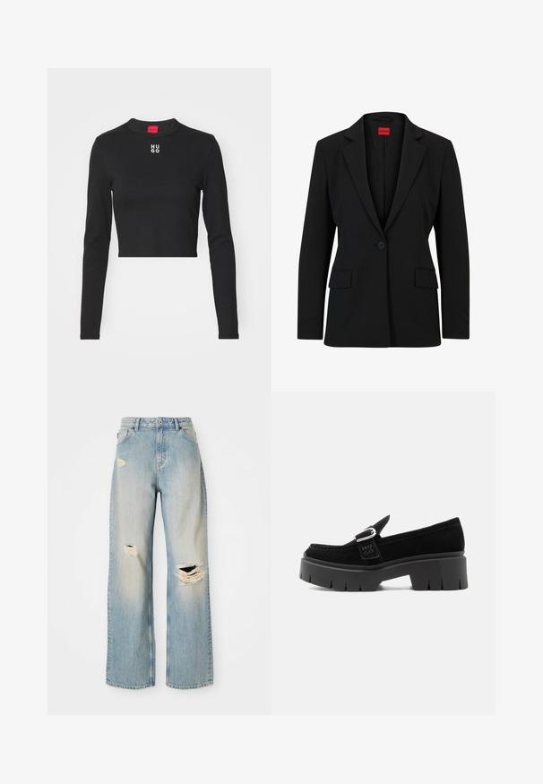 Sort blazer med slag og enkelt knaplukning. Har to forlommer og en glat foring med et subtilt mønster.; Sort langærmet cropped top lavet af glat stof, med rund hals og hvid "HUGO" logo på brystet.; Lysblå lige-benede jeans med høj talje, bæltestropper og slidte huller på venstre lår, højre knæ og nederste venstre ben.; Sort ruskindslipper med kraftig sål, sølvspænde og præget "HUGO" på sidesnoren, vist fra ydersiden.