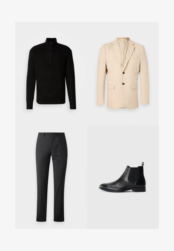 Beige enkeltbrystet herreblazer med to knapper, notch revers, to klaplommer og en brystlomme med kant.; Sort ribbet striktrøje med høj krave og en kort lynlås ved halsen; lange ærmer og en afslappet pasform, lavet af tekstureret materiale.; Skræddersyede mørkegrå bukser med en glat tekstur, slim fit, flad front og standard talje. Har pressede folder og ingen synlige mønstre.; Sorte læder ankelstøvler med elastiske sidepaneler, rund tå, lav blokhæl og en løbeguide bagpå. Glat tekstur og slankt design.
