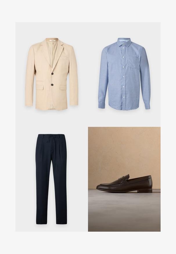 Blazer beige pour homme à simple boutonnage avec deux boutons, revers crantés, deux poches à rabat et une poche poitrine passepoilée.; Chemise à manches longues à boutons, à petit motif à carreaux bleu et blanc, col classique et poche poitrine avant sur un fond neutre.; Pantalon bleu marine en tissu léger, avec un motif texturé, une finition plissée à l'avant et une taille élastique munie d'un cordon de serrage.; Mocassin en cuir marron foncé flottant au-dessus d'un tapis beige avec un canapé courbé beige en arrière-plan.