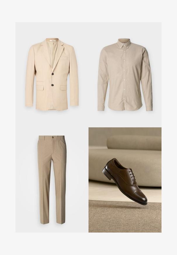 Blazer beige pour homme à simple boutonnage avec deux boutons, revers crantés, deux poches à rabat et une poche poitrine passepoilée.; Chemise beige à manches longues avec boutons, col à boutons et silhouette ajustée, présentée sur un fond neutre.; Pantalon beige à motif à carreaux avec une coupe droite, doté d'une fermeture par bouton et d'une texture de tissu lisse.; Chaussure habillée en cuir marron avec lacets flottant au-dessus d'un tapis marron clair, fond neutre avec canapé flou.