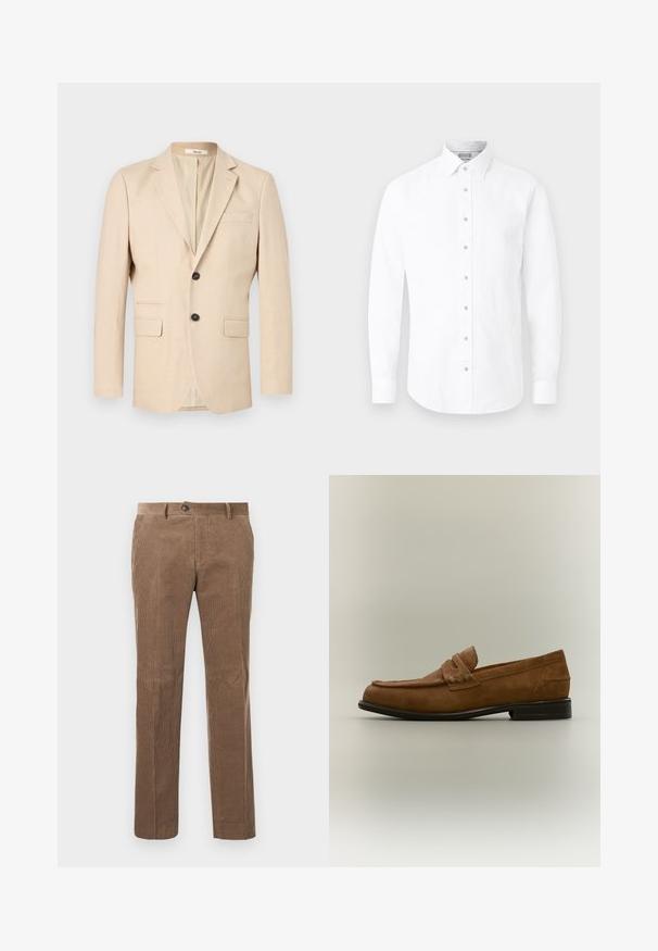 Beige herensinglebreasted blazer met twee knopen, inkeping revers, twee klepzakken en één borstpaspelzak.; Witte overhemd met lange mouwen, een puntkraag en een knoopsluiting aan de voorkant, afgebeeld tegen een effen lichte achtergrond.; Bruine corduroy broek met verticale ribbelstructuur, recht model, enkele knoopsluiting en twee voorzakken.; Bruine suède loafer met een lage zwarte hak en een gestikt riempjedetail op het bovenwerk, gezien van de zijkant tegen een neutrale achtergrond.