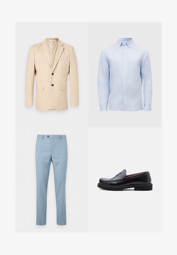 Blazer beige pour homme à simple boutonnage avec deux boutons, revers crantés, deux poches à rabat et une poche poitrine passepoilée.; Chemise bleu clair à manches longues avec col pointu et boutons blancs sur un fond uni.; Pantalon bleu clair ajusté pour homme avec passants de ceinture, fermeture à boutons et coupe slim.; Mocassin penny en cuir noir avec semelle en caoutchouc épaisse et couture moc toe, montré de profil sur un fond blanc.