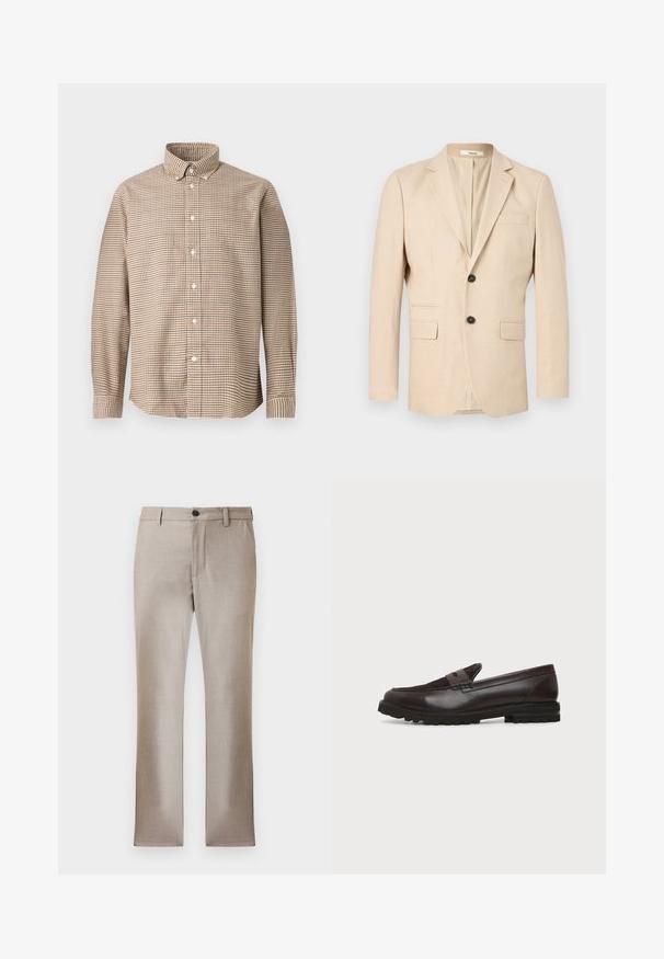 Blazer beige pour homme à simple boutonnage avec deux boutons, revers crantés, deux poches à rabat et une poche poitrine passepoilée.; Chemise à manches longues à carreaux beige et marron avec col boutonné, présentée sur un fond uni, vue de face.; Pantalons beige ajustés en tissu léger et lisse, avec zip et fermeture à bouton. Dispose de deux poches latérales et d'une coupe slim droite.; Mocassin penny en cuir et daim marron foncé avec semelle épaisse en caoutchouc noir, profil latéral sur fond blanc.