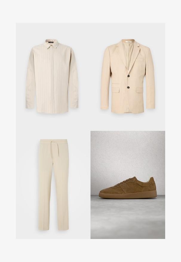 Beige enkeltbrystet herreblazer med to knapper, notch revers, to klaplommer og en brystlomme med kant.; Lyse beige langærmet skjorte med knapkrave, der har lodrette striber, lige snit og enkeltknapsmanchetter.; Beige, elastisk taljebukser med snoretræk. Har lige ben og en glat tekstur, velegnet til afslappet brug eller afslapning.; Brun ruskindsneaker med tanfarvede snørebånd og gummisål. Har en rundet snude og synlige stikninger på overdelen. Letvægtsdesign.