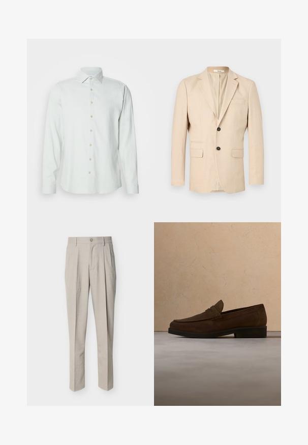 Blazer beige pour homme à simple boutonnage avec deux boutons, revers crantés, deux poches à rabat et une poche poitrine passepoilée.; Chemise longue à manches longues de couleur vert clair en tissu doux. Elle présente un col classique, une patte de boutonnage sur le devant et des poignets boutonnés.; Pantalon beige pour hommes, coupe ajustée, avec plis devant, passants pour ceinture, fermeture à bouton, et coupe droite, présenté sur fond blanc.; Mocassin en daim marron avec semelle noire flottant au-dessus d'un tapis beige devant un canapé beige.