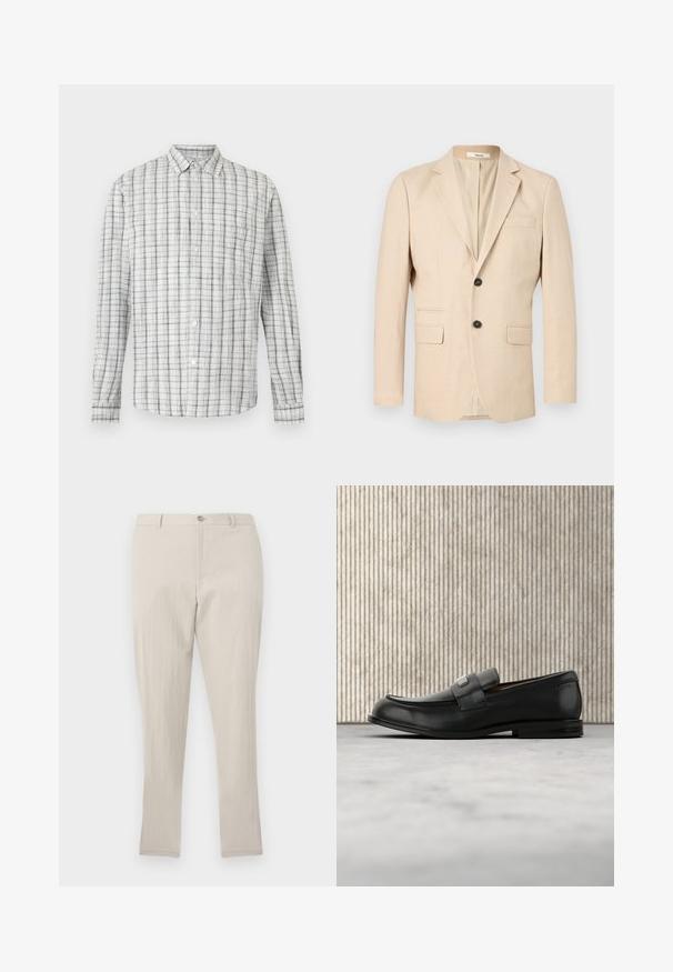 Blazer beige pour homme à simple boutonnage avec deux boutons, revers crantés, deux poches à rabat et une poche poitrine passepoilée.; Chemise blanche à manches longues avec un motif à fines carreaux noirs et gris et une poche poitrine gauche.; Pantalon droit texturé beige clair avec passants pour ceinture, fermeture à bouton et zip frontal, présenté sur un fond uni.; Mocassin en cuir noir avec une plaque de marque en métal reposant près d'une table ronde marron sur un sol recouvert de moquette beige.