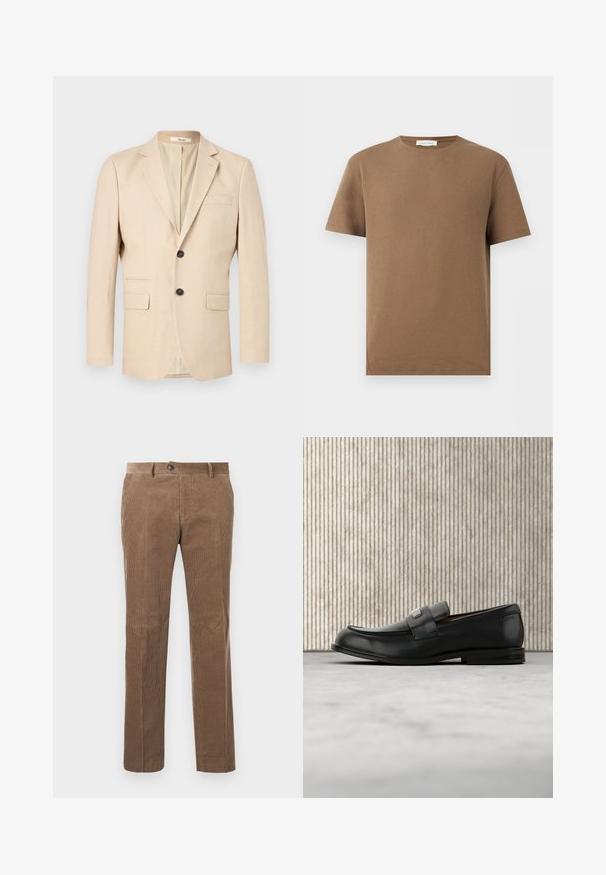 Beige herensinglebreasted blazer met twee knopen, inkeping revers, twee klepzakken en één borstpaspelzak.; Bruine T-shirt met korte mouwen en ronde hals van gestructureerde stof met label "Pier One" in de kraag, getoond op een witte achtergrond.; Bruine corduroy broek met verticale ribbelstructuur, recht model, enkele knoopsluiting en twee voorzakken.; Zwarte leren loafer met een metalen merktekenplaatje, rustend bij een bruine ronde tafel op een beige tapijtvloer.
