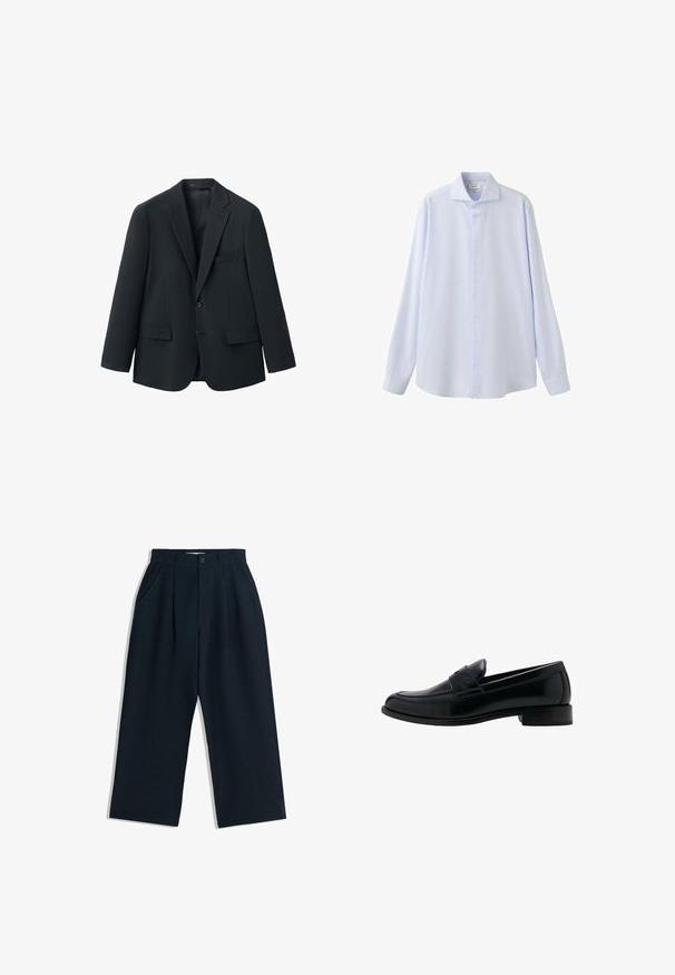 Blazer homme noir à simple boutonnage, col à cran, deux poches à rabat devant, une poche poitrine et deux boutons sur le devant.; Chemise homme habillée bleu clair à manches longues avec fines rayures verticales et boutonnée sur un fond blanc.; Pantalons large en marine avec plis, poches latérales, passants de ceinture, fermeture à bouton et zip, posés à plat sur fond blanc.; Mocassin en cuir noir avec un talon bas, un bout rond et un détail classique de bride à penny sur le dessus.