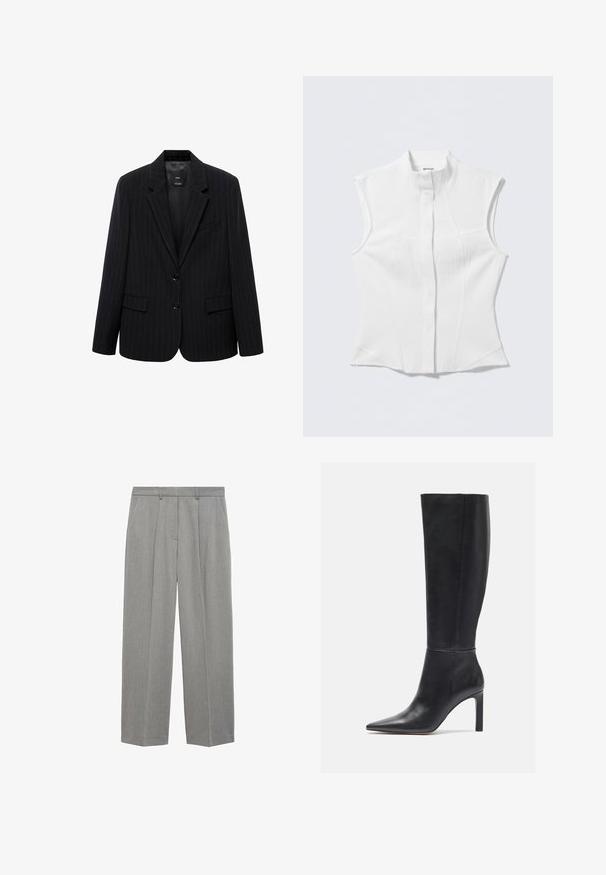 Sort blazer med smalle striber, der har et skåret revers, frontknapper og to forlommer. Fremstillet af glat stof med en skræddersyet pasform.; Hvid, ærmeløs bluse med høj krave, skræddersyet pasform, subtilt tekstureret stof og en central knaplukning. Ingen synlige hardware-elementer eller mønstre.; Grå plisserede bukser med lige ben design, fremstillet af letvægtsstof, med flad front og sidelommer.; Knæhøje sorte læder stiletto støvler med spids tå og glat tekstur, der har et slankt design og minimal syning.