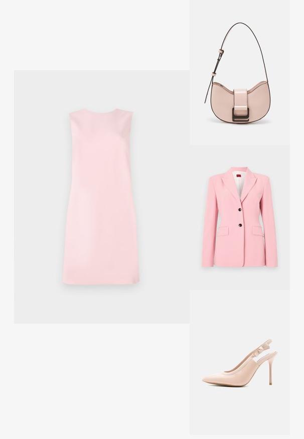 Blazer rosa claro con un corte entallado, diseño de un botón, dos bolsillos frontales y acentos en botón negro. Textura de tela suave.; Vestido sin mangas de suave tejido rosa, con una forma A-line simple, escote redondo y textura lisa sin patrones ni adornos.; Zapato de tacón alto slingback en tono nude beige con punta puntiaguda y correa ajustable de tela con detalle de lazo.; Pequeño bolso de piel rosa curvado con un acabado brillante, que presenta una correa de acento negra y un gran cierre de broche negro. Diseño cruzado.