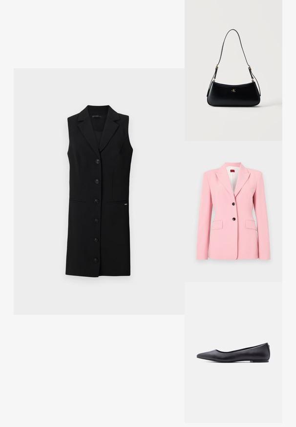 Lyserød blazer med skræddersyet pasform, enkeltknap-design, to frontlommer og sorte knapdetaljer. Glat stoftekstur.; Sort sansærmet blazer kjole med skræddersyet design, blazerkrave, seks frontknapper og sidelommer. Glat stof med minimale detaljer.; Sort flad lædersko med spidst tåparti og lav hæl, vist i sideprofil mod en hvid baggrund.; Sort læder skuldertaske med kurvet form, justerbar rem og gyldent "cK" logo foran i midten.