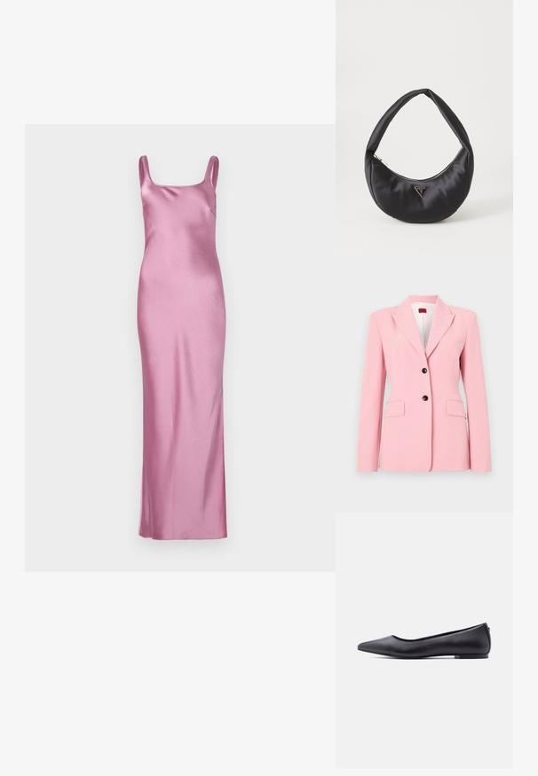 Blazer rose clair au fit ajusté, design à un bouton, avec deux poches avant et des accents en boutons noirs. Texture de tissu lisse.; Robe longue en satin rose avec encolure carrée, fines bretelles spaghetti, design à la longueur du sol, texture lisse et peu de détails.; Chaussure plate en cuir noire à bout pointu avec petit talon, vue de profil sur fond blanc.; Sac à main en satin noir avec une forme courbée, doté d'une fermeture à glissière et d'un logo triangulaire en métal à l'avant. Texture lisse et design épuré.