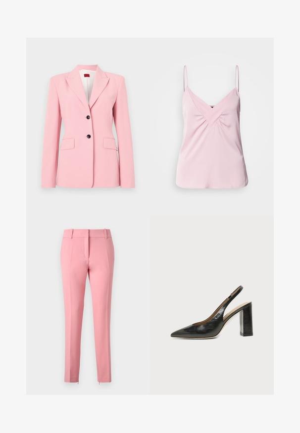 Lyserød blazer med skræddersyet pasform, enkeltknap-design, to frontlommer og sorte knapdetaljer. Glat stoftekstur.; Lys pink ærmeløs top med V-hals og samlet detalje foran. Lavet af glat stof med tynde skulderstropper og en rund kant.; Rosa skræddersyede bukser med en glat tekstur, lige ben og en lynlåsdetalje ved kanten. Den har bæltestropper og et fladt frontdesign.; Sort læder peep-toe slingback sko med høj blokhæl og beige indvendig foring mod en ensfarvet lys baggrund.