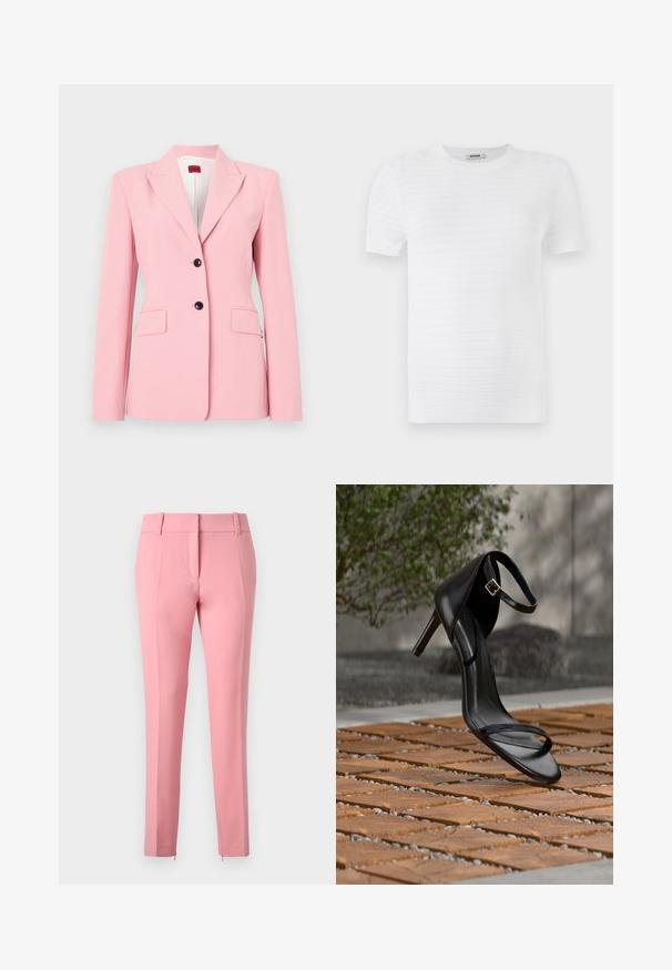 Lyserød blazer med skræddersyet pasform, enkeltknap-design, to frontlommer og sorte knapdetaljer. Glat stoftekstur.; Hvid kortærmet t-shirt lavet af struktureret stof med et ribbet mønster. Designet har en rund udskæring og en lige pasform.; Rosa skræddersyede bukser med en glat tekstur, lige ben og en lynlåsdetalje ved kanten. Den har bæltestropper og et fladt frontdesign.; Sort højhælet sandal med ankelsnor, der ser ud til at svæve over et trægulv udendørs med sløret grønt og sten i baggrunden.