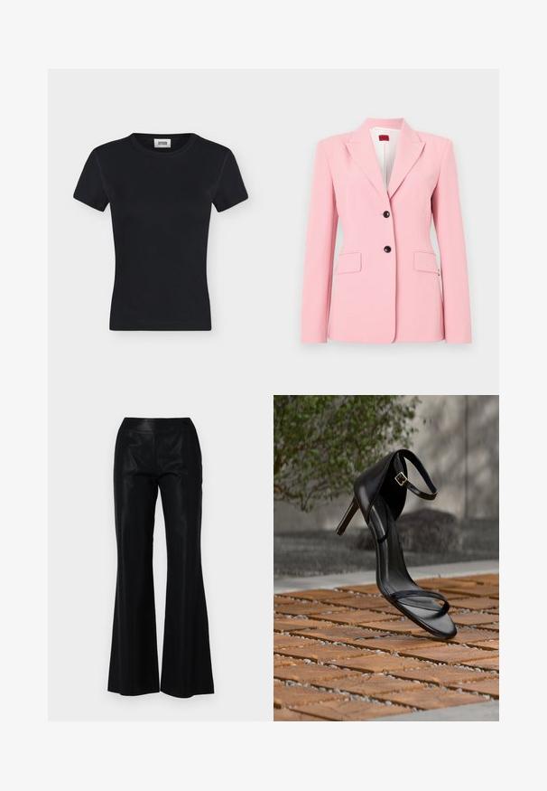 Blazer rosa claro con un corte entallado, diseño de un botón, dos bolsillos frontales y acentos en botón negro. Textura de tela suave.; Camiseta negra de punto acanalado de manga corta con cuello redondo y etiqueta de marca cosida en el interior del cuello, mostrada sobre un fondo liso gris claro.; Pantalones de campana negros hechos de una tela lisa y brillante. Cuenta con una cintura ajustada y finas rayas para textura y detalle.; Sandalia negra de tacón alto con correa en el tobillo, parece suspendida sobre un suelo de baldosas de madera al aire libre, con un fondo difuminado de vegetación y piedra.