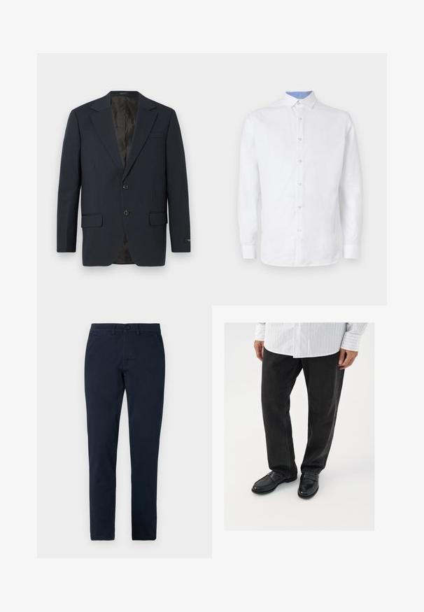 Navyblauer Blazer, zwei Knopf-Verschluss, Reverskragen, zwei Vorderaschen, strukturiertem Stoff und einem glatten schwarzen Innenfutter.; Weißes Langarmhemd mit Knopfleiste, das ein hellblaues kariertes Muster innen am Kragen und an den Manschetten aufweist. Glatte Stoffoberfläche.; Herren Slim-Fit schwarze Hose mit vorderem Knopf- und Reißverschluss, Gürtelschlaufen und Seitentaschen.; Schwarze Jeans kombiniert mit glänzenden schwarzen Slippern. Das Hemd ist weiß mit dünnen vertikalen Streifen, hat lange Ärmel und einen geknöpften Kragen.