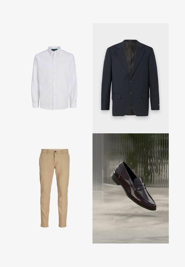 Navyblauer Blazer, zwei Knopf-Verschluss, Reverskragen, zwei Vorderaschen, strukturiertem Stoff und einem glatten schwarzen Innenfutter.; Weißes Baumwoll-Hemd mit klassischem Kragen, langen Ärmeln und gerader Säume. Verfügt über sechs Vorderknöpfe und eine schlichte Textur.; Beige schmal geschnittene Herrenhose mit Gürtelschlaufen, vorderer Knopfverschluss und Seitentaschen auf weißem Hintergrund.; Braune Leder-Loafer mit glänzendem Finish, die eine erhabene Naht und ein kleines ausgestanztes Detail an der Vorderseite aufweisen, sowie eine flache schwarze Sohle.