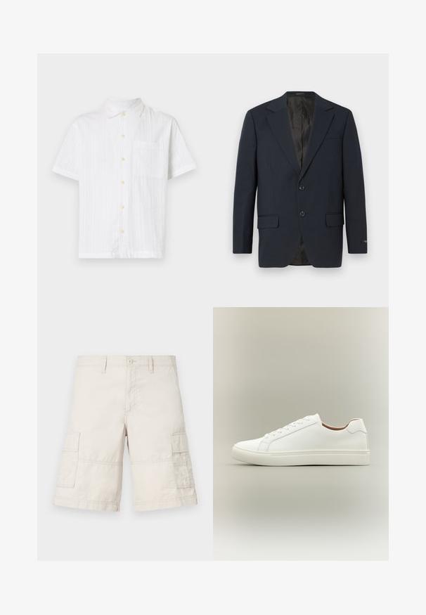 Marineblauwe blazer, twee knopen, notch-revers, twee voorzakken, gestructureerde stof en een gladde zwarte binnenvoering.; Witte short-sleeve shirt met een knoopsluiting aan de voorkant, voorzien van een enkele zak, gestructureerde stof en lichtgele knopen.; Beige cargoshorts van lichtgewicht katoen, met twee zijzakken, een knoopsluiting aan de voorkant en stikseldetails.; Witte lage sneaker met vetersluiting en platte zool, zijwaarts weergegeven op een neutrale achtergrond.