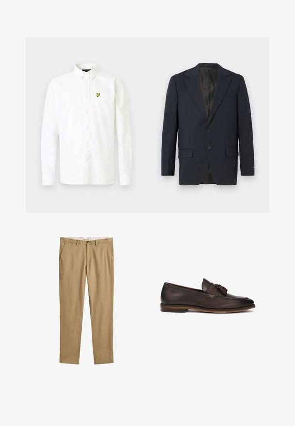Marineblå blazer, to-buttons lukning, notch lapels, to forlommer, struktureret stof og en glat sort inderside.; Hvid langærmet skjorte lavet af bomuld med krave og knapper, der har en brystlomme og et lille gult logo på venstre side.; Beige afslappede bukser med lige ben, bæltestropper, frontknap og lynlås, samt sidelommer, frontudsigt.; Mørkebrun læderloafer med en glat tekstur, dekorative kvaster og en kontrasterende brun sål. Klassisk slip-on design.