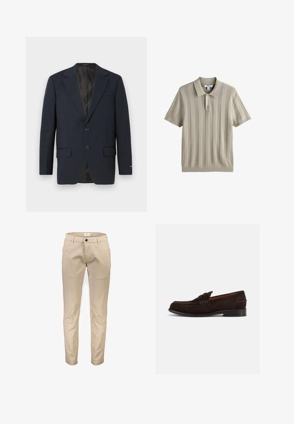 Navyblauer Blazer, zwei Knopf-Verschluss, Reverskragen, zwei Vorderaschen, strukturiertem Stoff und einem glatten schwarzen Innenfutter.; Beige kurzärmliges Strick-Poloshirt mit vertikaler Rippenstruktur und drei Knöpfen am Kragen, Größe M.; Beige Baumwollhosen mit geradem Bein, ausgestattet mit Vordertaschen, Reißverschluss und einem einzelnen Knopfverschluss. Glatte Textur, ohne Muster.; Dunkelbrauner Wildleder-Herrenschuh mit dekorativer Naht und niedrigem Absatz, von der Außenseite auf hellem, einfarbigem Hintergrund dargestellt.