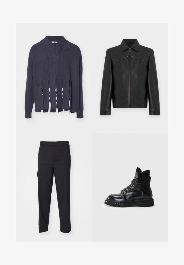 Veste en cuir noire avec fermeture éclair avant, col pointu, manches longues, poches latérales et clous argentés le long des coutures de la poitrine.; Pull tricoté bleu marine foncé avec des fentes horizontales ouvertes à l'ourlet, col et poignets côtelés. Il présente une coupe décontractée et un matériau texturé.; Pantalon noir fabriqué en un tissu tissé lisse. Il présente une coupe droite, une coupe slim, des passants de ceinture et une poche latérale.; Bottines en cuir noir avec un col en suède texturé noir, semelle en caoutchouc épaisse et œillets en métal pour les lacets.