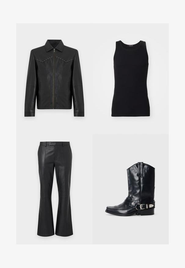 Veste en cuir noire avec fermeture éclair avant, col pointu, manches longues, poches latérales et clous argentés le long des coutures de la poitrine.; Débardeur noir en matériau lisse et extensible. Doté d'un col rond et sans manches, avec une coupe ajustée et un design simple.; Pantalon en cuir noir avec une taille mi-haute, des passants pour ceinture, des coutures avant détaillées et un léger évasement au bas des jambes.; Botte de cowboy en cuir noir avec un bout pointu, une tige haute, des coutures décoratives et une quincaillerie en argent sur la sangle. Fini texturé.
