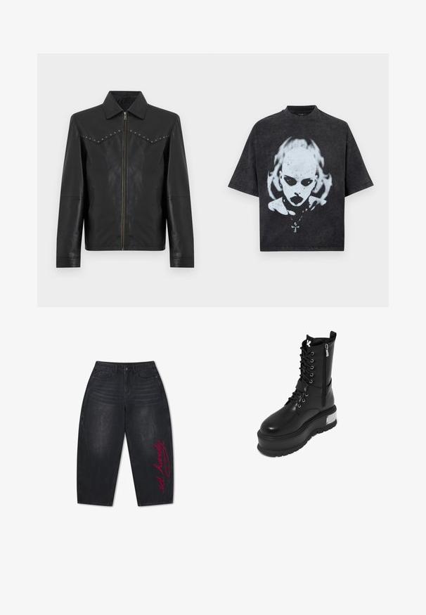 Chaqueta de cuero negro con cremallera frontal, cuello puntiagudo, mangas largas, bolsillos laterales y tachuelas plateadas a lo largo de las costuras del pecho.; Camiseta negra de talla grande con un gráfico blanco de una persona calva con ojos oscuros, lápiz labial, piercings y un collar con colgante de cruz.; Vaqueros negros de pierna ancha y corte cropped, con cintura alta, bolsillos delanteros y texto rojo en cursiva "ed hardy" en la pierna derecha.; Botín de combate de imitación de cuero negro con una plataforma gruesa, que presenta un cierre de cordones en la parte frontal, cierre de cremallera y un acento metálico en el tacón.