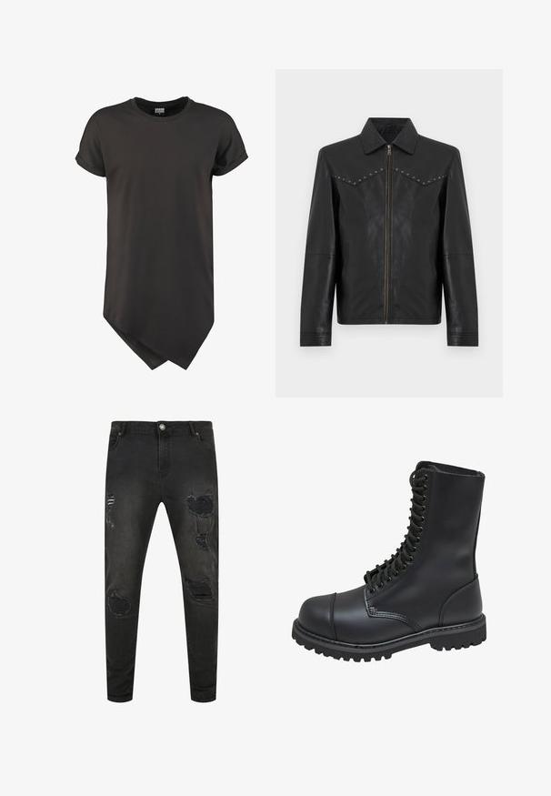 Sort læderjakke med lynlås foran, spids krave, lange ærmer, sidelommer og sølvnitter langs brystsyningerne.; Sort T-shirt med korte ærmer, opkrogede manchetter og en asymmetrisk spids kant foran.; Sorte denim jeans med slim fit, der har slidte detaljer, huller og falmede områder. Standard fem-lomme design med metal knaplukning.; Sort læder kampstøvle med høj skaft, snørebånd foran, polstret krave og en robust tekstureret sål for godt greb. Har forstærket tåhætte.