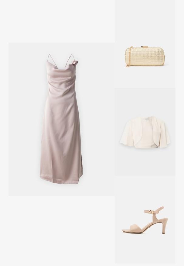 Kremfarvet åben-front cropped jakke med brede, flydende korte ærmer, designet til kvinder.; Satin sundress i lys pink med tynde stropper og en draperet halsudskæring, prydet med en roseaccent på venstre skulder.; Beige ruskinds højhælede sandal med en smal ankelrem, åben tå og en 3-tommer spids hæl; har en guld spænde detalje.; Metallisk gul clutch-pung med tekstureret overflade, der har en cylindrisk form, en kædeled og en lås.