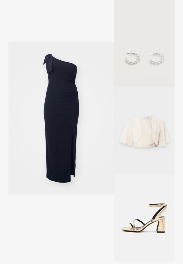 Roomkleurig open voorkant cropped jack met brede, vloeiende korte mouwen, ontworpen voor vrouwen.; Asymmetrische donkerblauwe jurk met knoopdetail op de schouder, geplooide taille en een zijsplit; gemaakt van soepel, rekbaar materiaal.; Gouden metallic sandaal met blokhak, twee voorriemen en een enkelriem met gesp, in profiel weergegeven op een witte achtergrond.; Zilveren oorringen met open ronde vorm, bezet met heldere gefacetteerde kristallen, met postbevestigingen en transparante oorstoppers op een witte achtergrond.