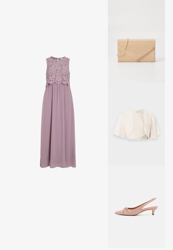 Roomkleurig open voorkant cropped jack met brede, vloeiende korte mouwen, ontworpen voor vrouwen.; Maxi-jurk in gedempt lavendel, met een kanten lijfje en mouwloos ontwerp. Vloeiende stof met een subtiele glans en een geplooid taille-detail.; Patenter roze slingback hakken met een spitse neus, strikdetail aan de voorkant en een lage kittenhak. Glad oppervlak met een glanzende afwerking.; Beige gepatineerd leren clutch met een gouden kettinghengsel, met een envelopontwerp en een spitse klepsluiting. Gladde textuur overal.
