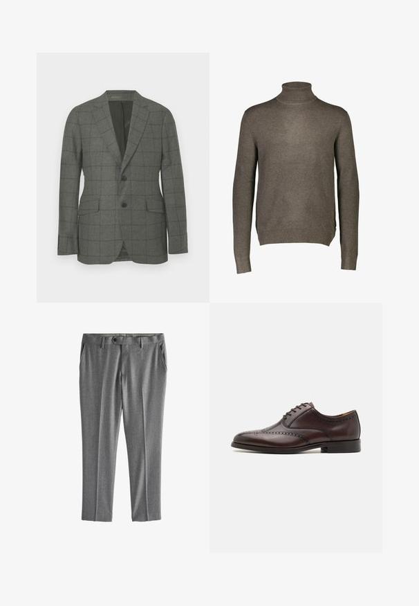 Grau strukturierter Blazer aus texturiertem Stoff mit Karomuster. Verfügt über zwei Knöpfe, Reverskragen und aufgesetzte Taschen.; Brauner, langärmeliger Rollkragenpullover aus weichem Strickstoff, mit passendem Hals und gerippten Bündchen und Saum. Minimalistisches Design, ohne Muster.; Graue formelle Hose mit Gürtelschlaufen, Frontknopfverschluss und Seitentaschen, flach auf weißem Hintergrund dargestellt.; ALDO DONALD - Business-Schnürer - dark brown