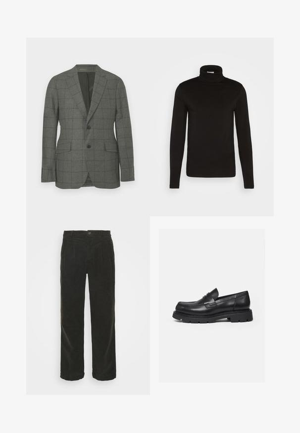 Grijze gestructureerde blazer van textuurstof met een ruitpatroon. Voorzien van twee knopen, notch-lapels en valzakken.; Zwarte coltrui met lange mouwen, gemaakt van een gladde stof met een aansluitend ontwerp en een hoge, strakke kraag. Geen patronen of accenten zichtbaar.; Lindbergh WIDE FIT PANTS - Broek - army; Zwarte leren loafer met dikke geribbelde zool en pennyriemdetail, getoond in rechter zijprofiel op witte achtergrond.