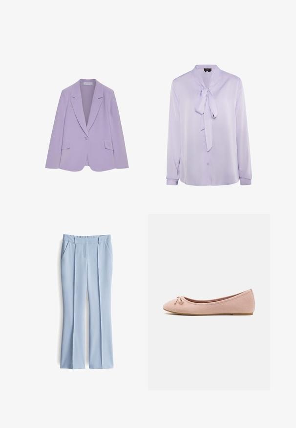 Lila damesblazer met sluiting met één knoop, met inkeping op de revers en klepzakken, getoond tegen een witte achtergrond.; Lavendelkleurige blouse met een striknek, lange mouwen en knoopsluiting. Glad materiaal met een lichte glans, met minimalistische ontwerpdetails.; Lichtblauwe flared broek van een gladde stof, met twee voorzakken, een platte voorkant en een getailleerde tailleband met riemlussen.; Ballet flats van zacht rozenhuid-suède met een ronde neus en een klein strikdetail aan de voorkant, met een lage platte zool.
