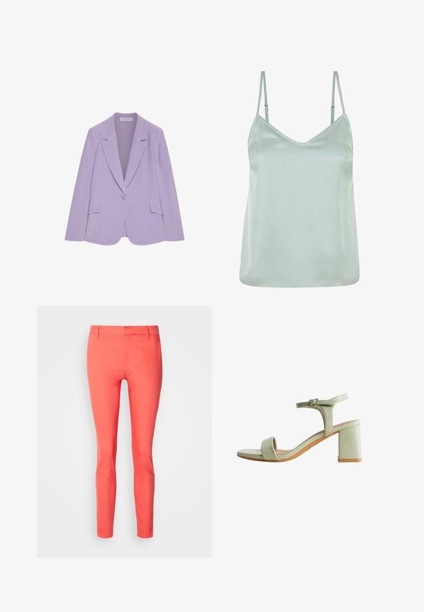 Blazer de mujer color lila con cierre de un solo botón, solapas con muesca y bolsillos con solapa, exhibido sobre fondo blanco.; Camiseta de satén verde claro con tirantes finos ajustables y escote en V, con una textura suave y un corte holgado.; Pantalones slim-fit color coral, confeccionados en tejido suave, con cierre de cremallera, passantes para cinturón y un diseño elegante sin bolsillos.; Sandalia abierta de punta en verde claro, con tacón cuadrado, correa en el tobillo y cierre de hebilla, vista lateral sobre fondo blanco.