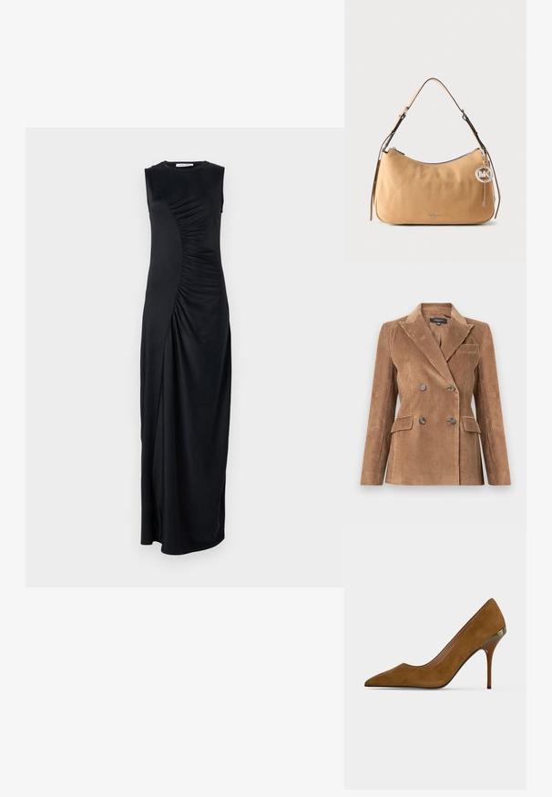 Blazer en velours côtelé marron avec un design croisé, revers à cran, deux poches avant et tissu texturé. Boutons lisses en accent.; Robe maxi noire sans manches avec des détails drapés sur le côté, fabriquée en tissu lisse ; présente un col rond et une silhouette ajustée.; Chaussure à talon haut en suède brun à bout pointu avec un talon aiguille fin et un accent métallique près du talon sur un fond uni clair.; Sac à bandoulière en cuir marron clair avec sangle réglable, fermeture éclair argentée et pendentif rond en métal avec le logo MK suspendu sur le côté.