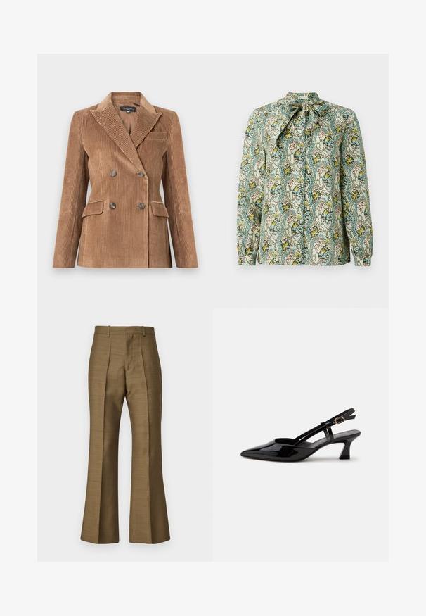 Blazer en velours côtelé marron avec un design croisé, revers à cran, deux poches avant et tissu texturé. Boutons lisses en accent.; Blouse à manches longues avec un col à nouer, fabriquée dans un tissu léger avec un motif floral multicolore et abstrait sur un fond pâle.; Pantalons évasés marron en tissu lisse, dotés de plis avant, d'une taille cintrée et d'un léger reflet. Aucune quincaillerie ou motif visible.; Chaussure slingback en cuir verni noir à petit talon, bout pointu et bride réglable avec boucle dorée sur fond blanc.