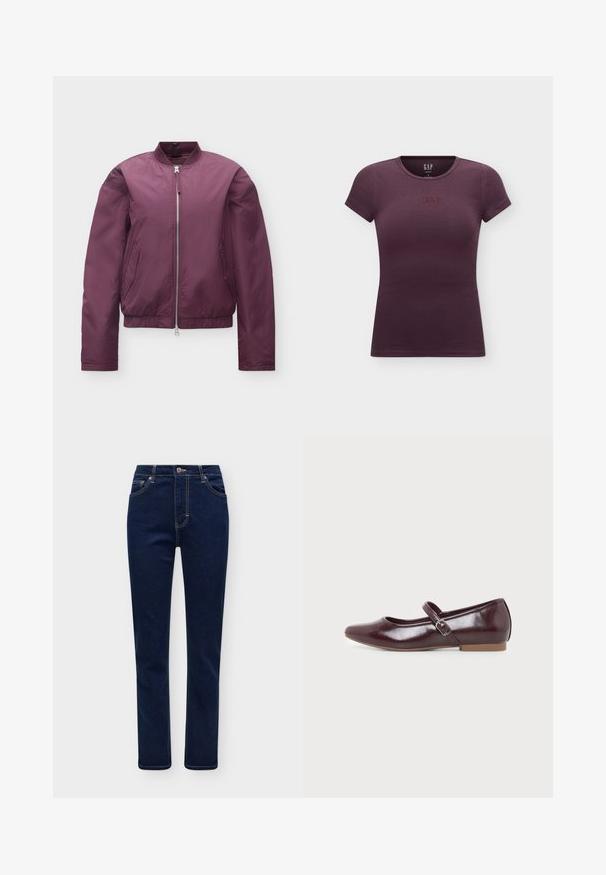 Veste bomber violette zippée avec col, poignets et taille côtelés, dotée de poches latérales, présentée sur fond blanc.; T-shirt ajusté à manches courtes de couleur violet foncé avec col rond et petit logo GAP brodé centré sur la poitrine.; Jean droit bleu foncé avec poches avant, passants de ceinture et fermeture par bouton, présenté sur un fond clair uni.; Chaussure plate Mary Jane bordeaux avec bout arrondi, finition brillante, bride latérale ajustable avec boucle argentée et semelle basse couleur tan.
