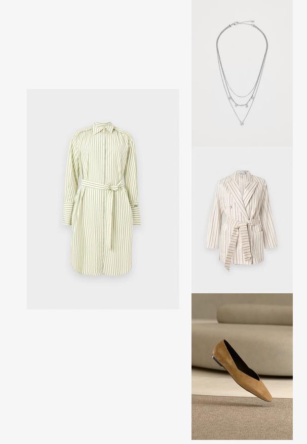 Blazer couleur crème avec fines rayures verticales marron, larges revers, ceinture en tissu nouée à la taille et poche avant sur le côté droit.; Robe chemise à manches longues avec des rayures verticales vertes, boutonnée sur le devant, col pointu, manches à poignets et ceinture assortie nouée à la taille.; Chaussure plate pointue en daim couleur chameau avec semelle noire, flottant au-dessus d'un tapis beige texturé devant un fond de canapé neutre.; Collier superposé en métal argenté avec trois chaînes de longueurs différentes, agrémenté de petites perles décoratives et d'un fermoir à homard.