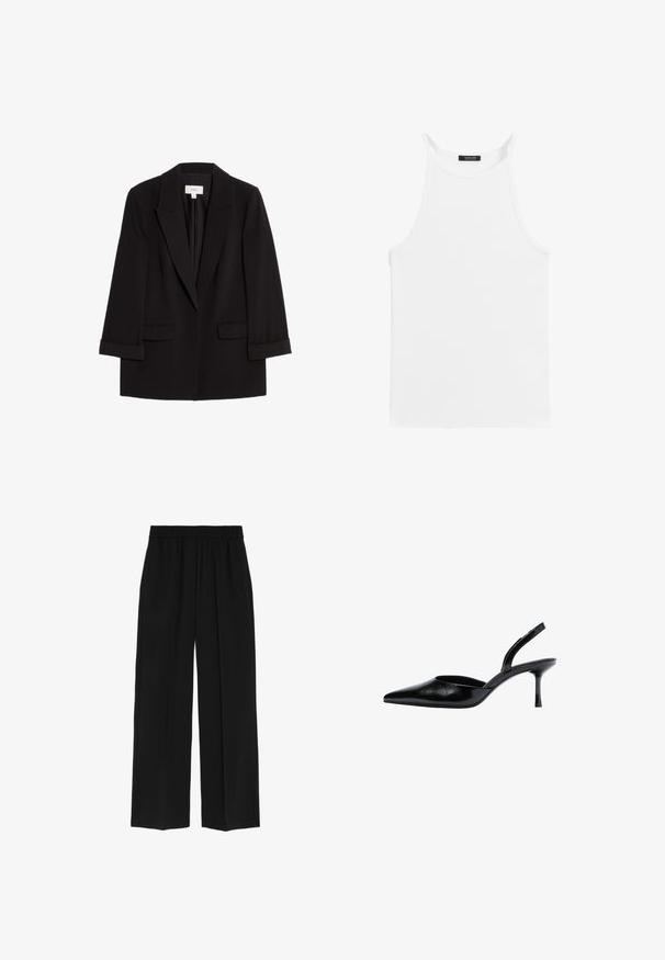 Sort blazer med en skræddersyet design, der har reverslapel, to forlommer og opfoldede ærmer. Fremstillet af et glat stof.; Hvid ærmeløs top med tynde stropper og høj halsudskæring, lagt fladt på en hvid baggrund.; Marks & Spencer WIDE LEG - Bukser - black; Sort laklæder slingback pumps med spids tå og slank mellemhøj hæl, vist fra siden mod en hvid baggrund.
