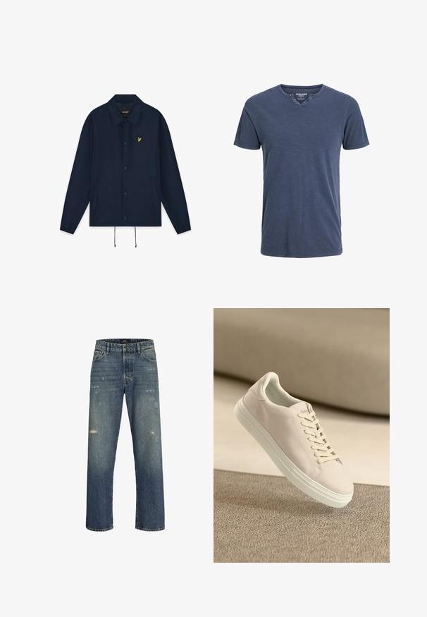 Marineblauwe jas met knopen en kraag, elastische manchetten, trekkoordzoom, zijzakken en een klein geel vogel-logo op de linkerborst.; Marineblauw t-shirt met korte mouwen, gemaakt van zachte stof, voorzien van een v-hals met twee knoopaccenten aan één kant en een ontspannen pasvorm.; Blauwe denim jeans met een rechte pasvorm, voorzien van lichte slijtage, een standaard tailleband met een knoopsluiting en vijf zakken.; Beige suède sneaker met een witte zool en veters, zwevend boven een gestructureerd beige tapijt tegen een zachte beige achtergrond.