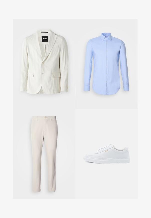 Blazer beige clair en mélange de coton avec un col cranté, fermeture à un bouton, deux poches avant et une texture subtile.; Chemise à manches longues bleu clair en coton, dotée d'un devant à boutons, d'un col et d'un ourlet arrondi. Texture lisse sans motifs.; Pantalon beige à coupe slim, avec un système de fermeture à bouton à l'avant, un design à l'avant plat et une coupe droite, fabriqué en tissu en mélange de coton lisse.; Baskets blanches en cuir avec une texture lisse, bout rond et coutures tonales. Possède des lacets bleus et un logo doré sur le côté.