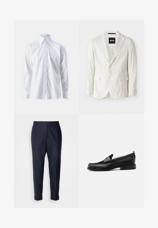 Lys beige blazer lavet af en bomuldsblanding med skuldderlapel, enkelt knaplukning, to forlommer og en subtil struktur.; Hvid langærmet skjorte lavet af glat stof, med klassisk krave, knaplukning og en diskret broderet logo nederst til venstre.; Mørkeblå skræddersyede bukser i letvægtsstof med frontfældninger, knaplukning og opsmøgte ben. Glat tekstur med et elegant design.; Sort læderloafer med grå remdetalje, lav hæl og tekstureret sål, mærket med "HUGO" i guld på siden.
